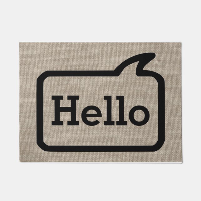 Cool Beige Burlap Look Modern Speech Bubble Hello Doormat (Front)
