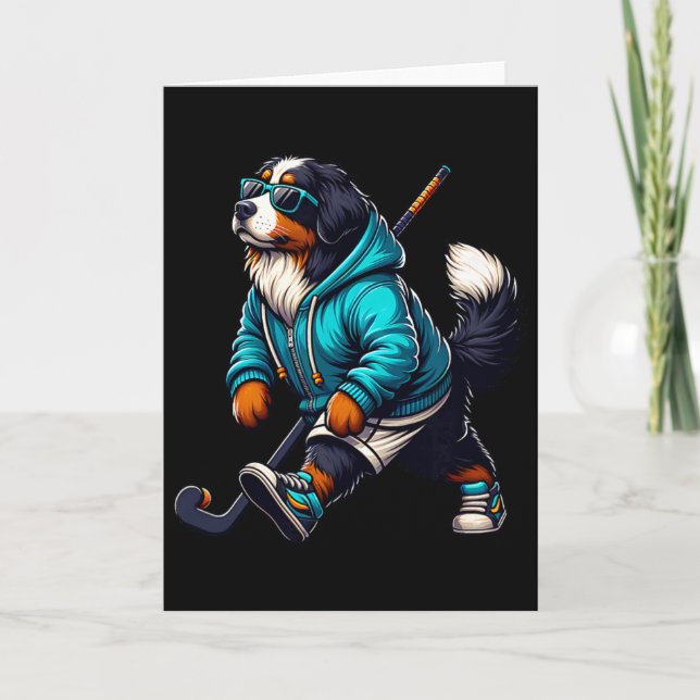 Cool Bernese Mountain Dog Hockey Player In Hoodie  Card (Front)