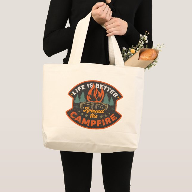 Cool better life camping campfire large tote bag (Front (Product))