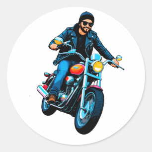 Cool Biker Riding a Motorcycle Classic Round Sticker