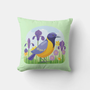 Cool Bird in Field of Iris Flowers Cushion
