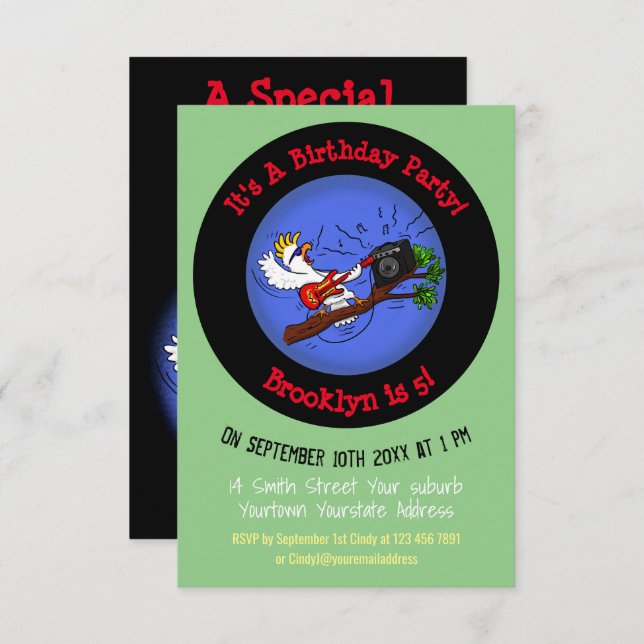 Cool bird rock guitar player cartoon  invitation (Front/Back)