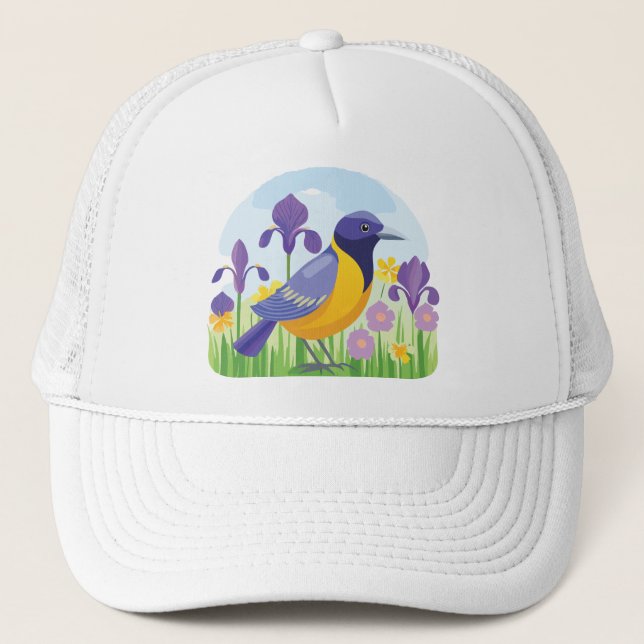 Cool Bird with Iris Flowers Graphic Trucker Hat (Front)