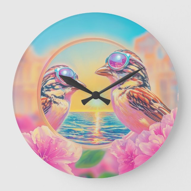 Cool Birds with Sunglasses at Sunset Large Clock (Front)