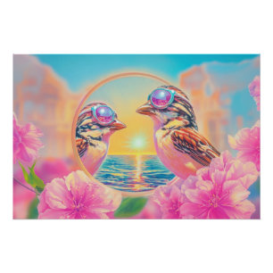 Cool Birds with Sunglasses at Sunset Poster