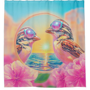 Cool Birds with Sunglasses at Sunset Shower Curtain