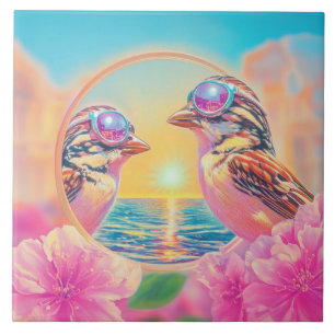 Cool Birds with Sunglasses at Sunset Tile