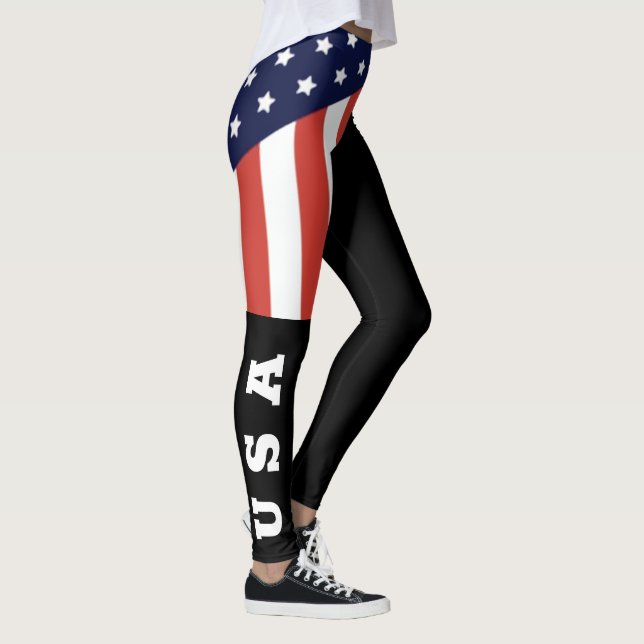 Cool Black American Flag White Letters USA Womens  Leggings (Right)