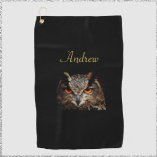 Cool Black and Gold Fierce Owl Golf Towel
