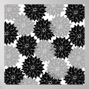 Cool Black and Gray Flower Blossoms Floral Print