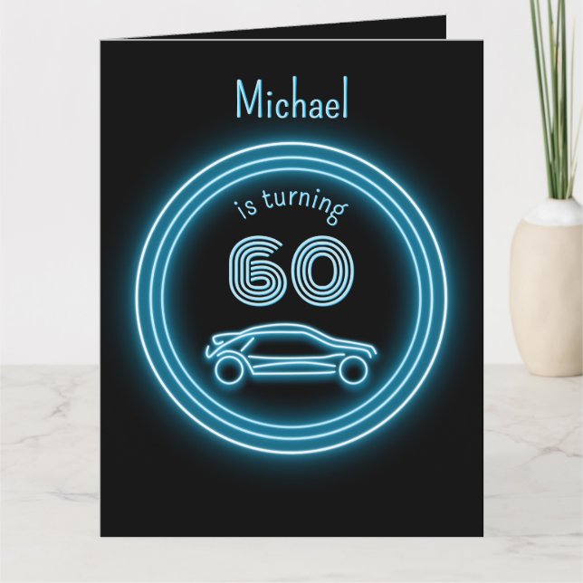 Cool Black and Neon Look Blue Racecar for Men Card (Front)