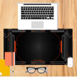 Cool black and orange geometric gaming background desk mat<br><div class="desc">Black and orange futuristic metallic texture,  cool modern geometric gaming background with green accents. Custom optional orange monogram.</div>