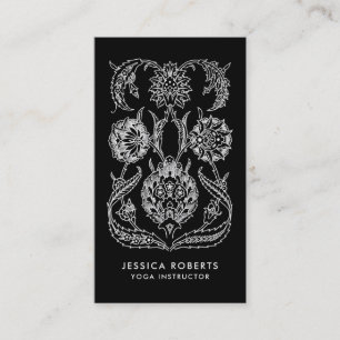 Cool Black and White Boho Floral Yoga Instructor Business Card