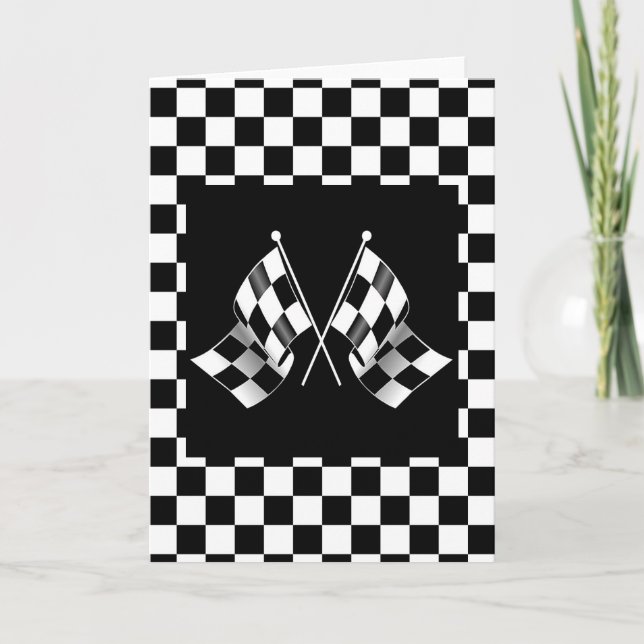 Cool Black And White Chequered Flag Pattern Holiday Card (Front)