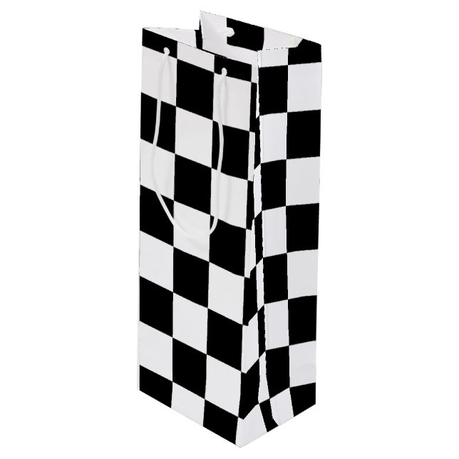 Cool Black And White Chequered Flag Pattern Wine Gift Bag (Front Angled)