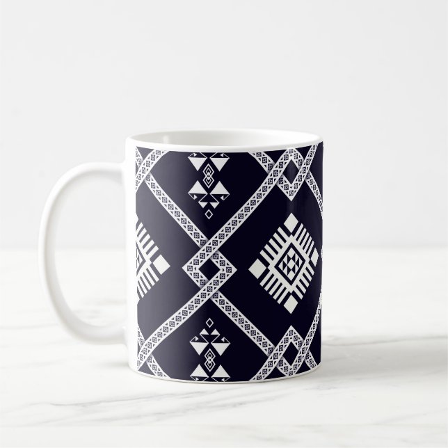 Cool Black and White Geometric Oriental Pattern Coffee Mug (Left)