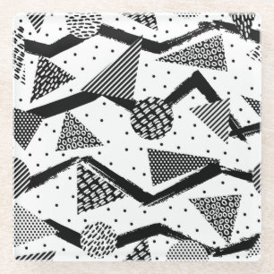 Cool Black and White Geometric Shapes and Lines Glass Coaster
