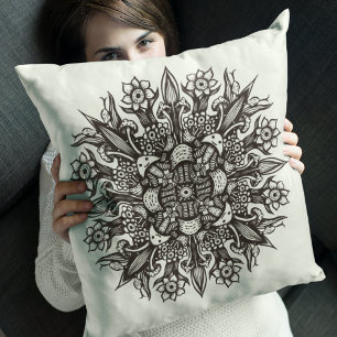 Cool Black And White Mushroom Botanical Mandala Cushion