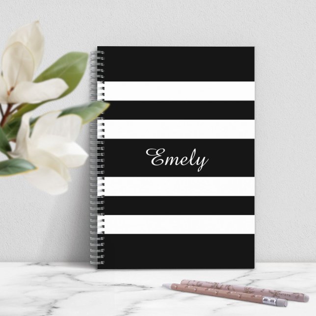 Cool Black And White Stripes Pattern Name Personal Notebook (Modern Black And White Stripes Notebook)