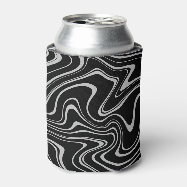 Cool Black and White Wavy Stripe Pattern Can Cooler (Can Front)