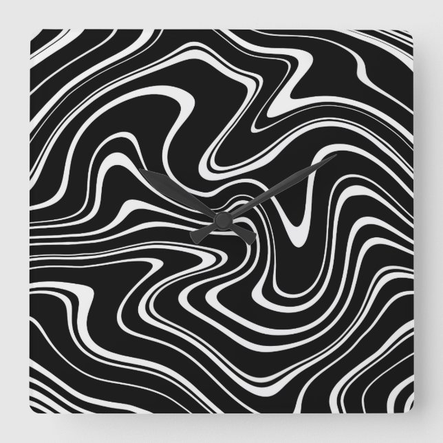 Cool Black and White Wavy Stripe Pattern Square Wall Clock (Front)