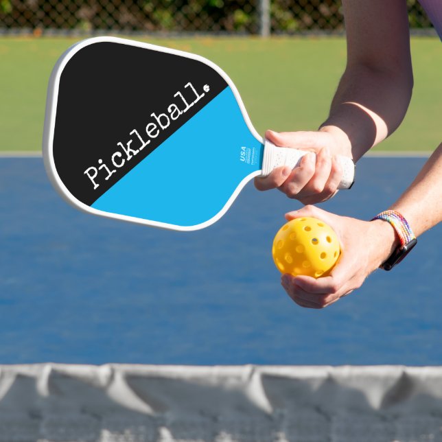 Cool Black Bright Sky Blue Slanted Pickleball Text Paddle (Insitu)