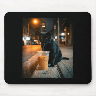Cool black cat drinking iced coffee funny animal mouse pad