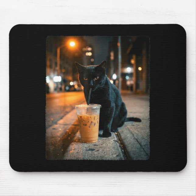 Cool black cat drinking iced coffee funny animal mouse pad (Front)