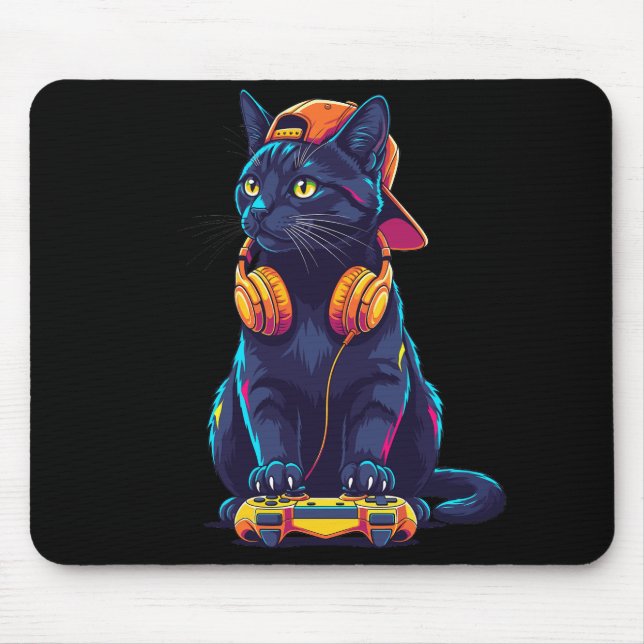 Cool Black Cat Gamer Halloween Mouse Pad (Front)