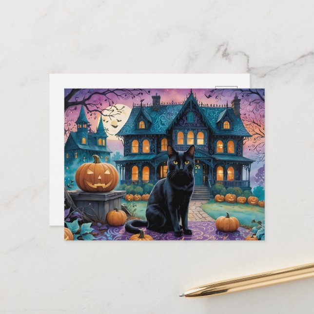 Cool Black Cat, Jack O Lanterns, Spooky House Holiday Postcard (Front/Back In Situ)