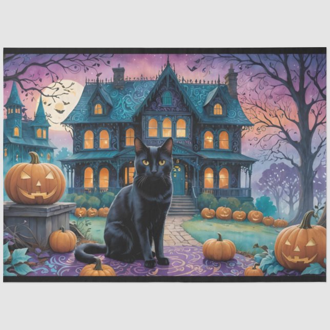 Cool Black Cat, Jack O Lanterns, Spooky House Tissue Paper (Front)