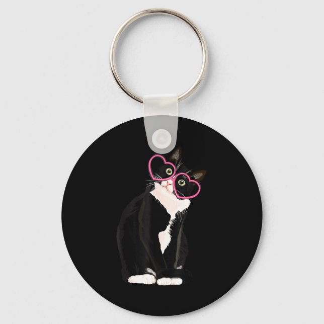 Cool Black Cat Kitten Red Heart Gles Happy Valenti Key Ring (Front)
