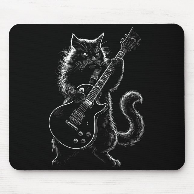 Cool Black Cat Playing Electric Guitar Rock Star Mouse Pad (Front)