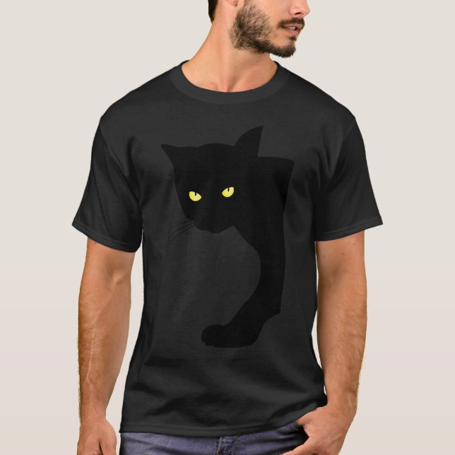 Cool Black Cat with Bright Yellow Eyes T-Shirt (Front)