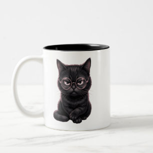 Cool Black Cat with Glasses Cute Pet T-Shirt Two-Tone Coffee Mug