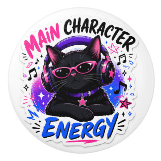 Cool Black Cat with Headphones Main Character Ener Ceramic Knob