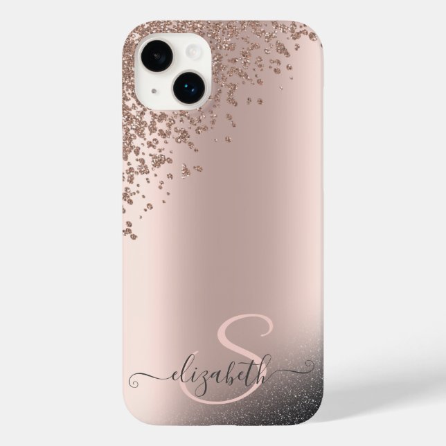 Cool Black Glitter Diamonds Rose Gold Monogram  Case-Mate iPhone Case (Back)