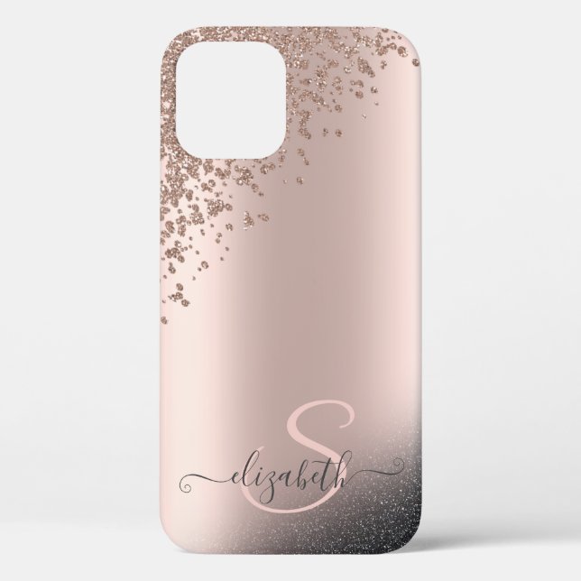 Cool Black Glitter Diamonds Rose Gold Monogram Case-Mate iPhone Case (Back)