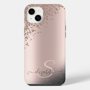 Cool Black Glitter Diamonds Rose Gold Monogram iPhone 14 Plus Case