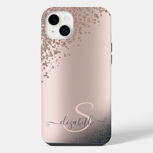 Cool Black Glitter Diamonds Rose Gold Monogram  iPhone Case (Back)
