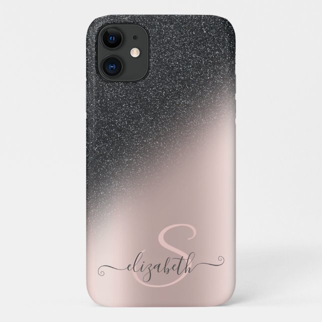 Cool Black Glitter Ombre Rose Gold Monogram Case-Mate iPhone Case (Back)