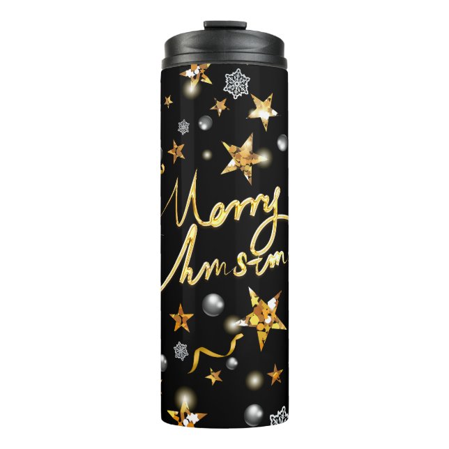 Cool Black & Gold Stars Metallic Fashion Xmas Thermal Tumbler (Front)