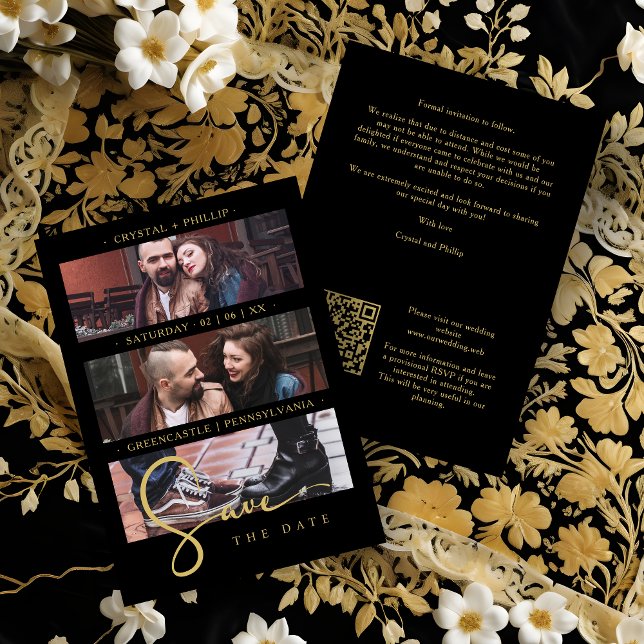 Cool Black Golden Romantic Wedding 3 Multi Photos Save The Date (Cool Black Faux Golden Romantic Wedding 3 Multi Photos Save the Date Card.)