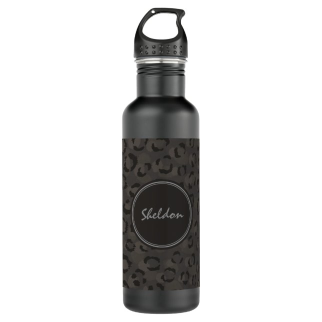 Cool black grey cheetah print monogram 710 ml water bottle (Front)