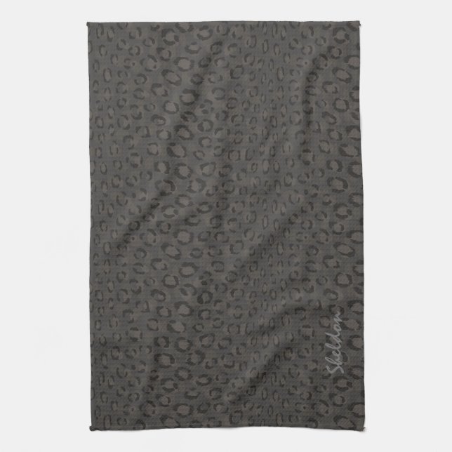 Cool black grey cheetah print monogram tea towel (Vertical)