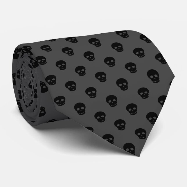 Cool Black Grey Dark Skull Polka Dots Pattern Mens Tie (Rolled)