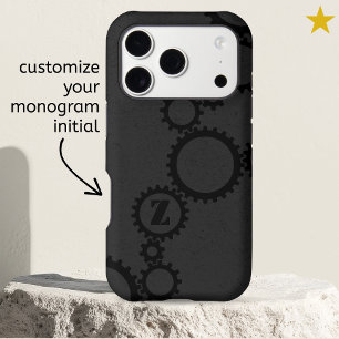 Cool Black Grunge Cogs & Gears Monogrammed Initial