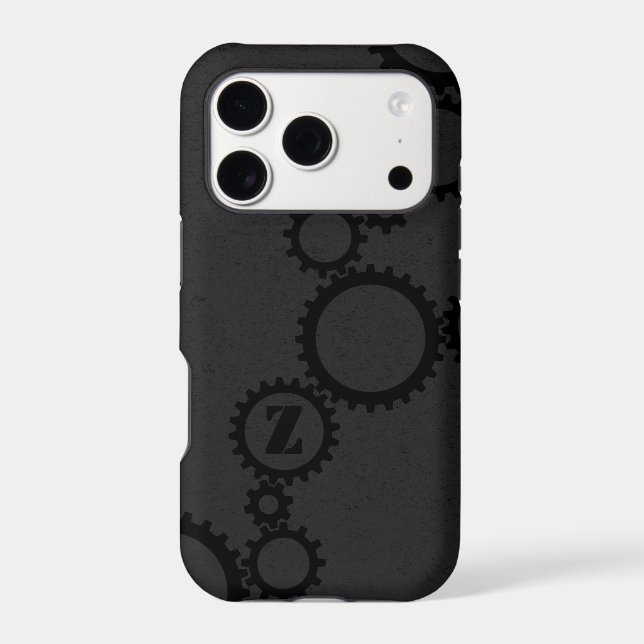 Cool Black Grunge Cogs & Gears Monogrammed Initial (Back)