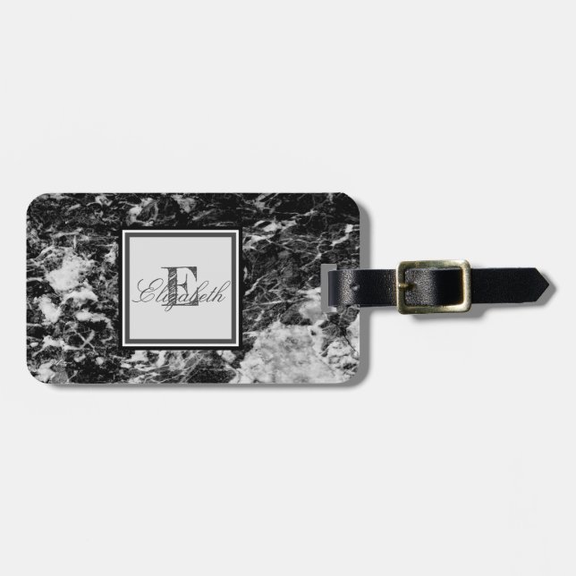 Cool Black  Marble Texture, Monogram-Personalised Luggage Tag (Front Horizontal)