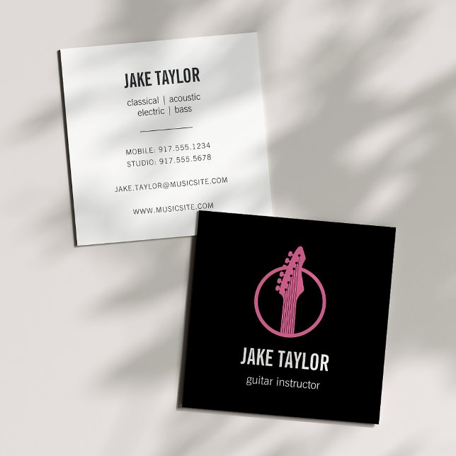 Cool Black & Pink Guitar Instructor Square Business Card (Creator Uploaded)